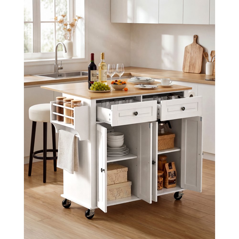 VEVOR Kitchen Island Cart with Storage, 43.58 in Wide Mobile Rolling Storage Island on Swivel Wheels, with 2 Drawers, Storage Cabinet, Drop Leaf, Spice/Towel Rack, Table for Home Dining Room, White