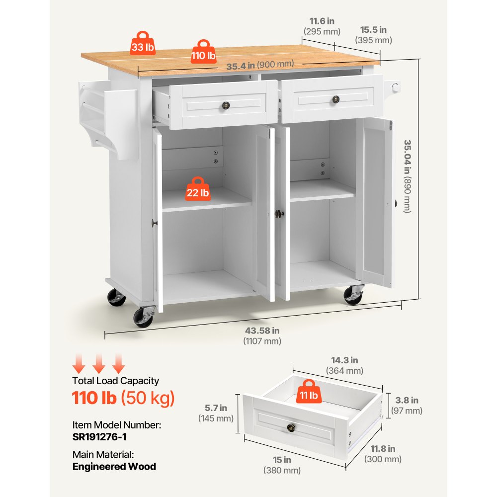 VEVOR Kitchen Island Cart with Storage, 43.58 in Wide Mobile Rolling Storage Island on Swivel Wheels, with 2 Drawers, Storage Cabinet, Drop Leaf, Spice/Towel Rack, Table for Home Dining Room, White
