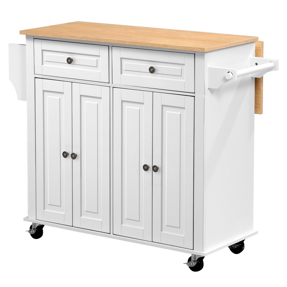 VEVOR Kitchen Island Cart with Storage, 43.58 in Wide Mobile Rolling Storage Island on Swivel Wheels, with 2 Drawers, Storage Cabinet, Drop Leaf, Spice/Towel Rack, Table for Home Dining Room, White