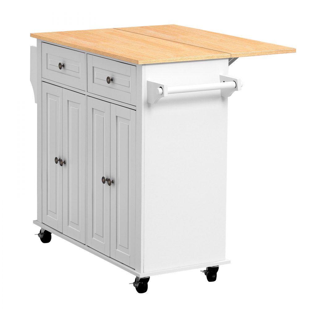 VEVOR Kitchen Island Cart with Storage, 43.58 in Wide Mobile Rolling Storage Island on Swivel Wheels, with 2 Drawers, Storage Cabinet, Drop Leaf, Spice/Towel Rack, Table for Home Dining Room, White