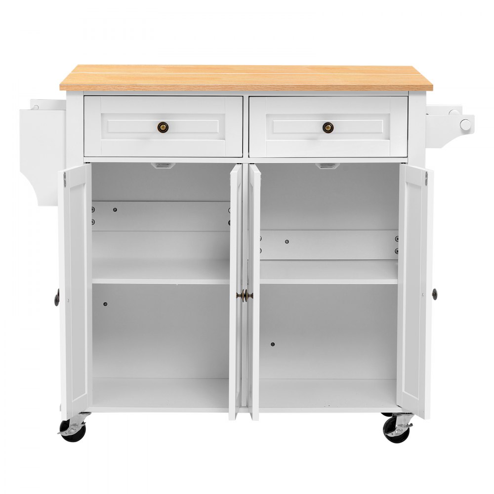 VEVOR Kitchen Island Cart with Storage, 43.58 in Wide Mobile Rolling Storage Island on Swivel Wheels, with 2 Drawers, Storage Cabinet, Drop Leaf, Spice/Towel Rack, Table for Home Dining Room, White