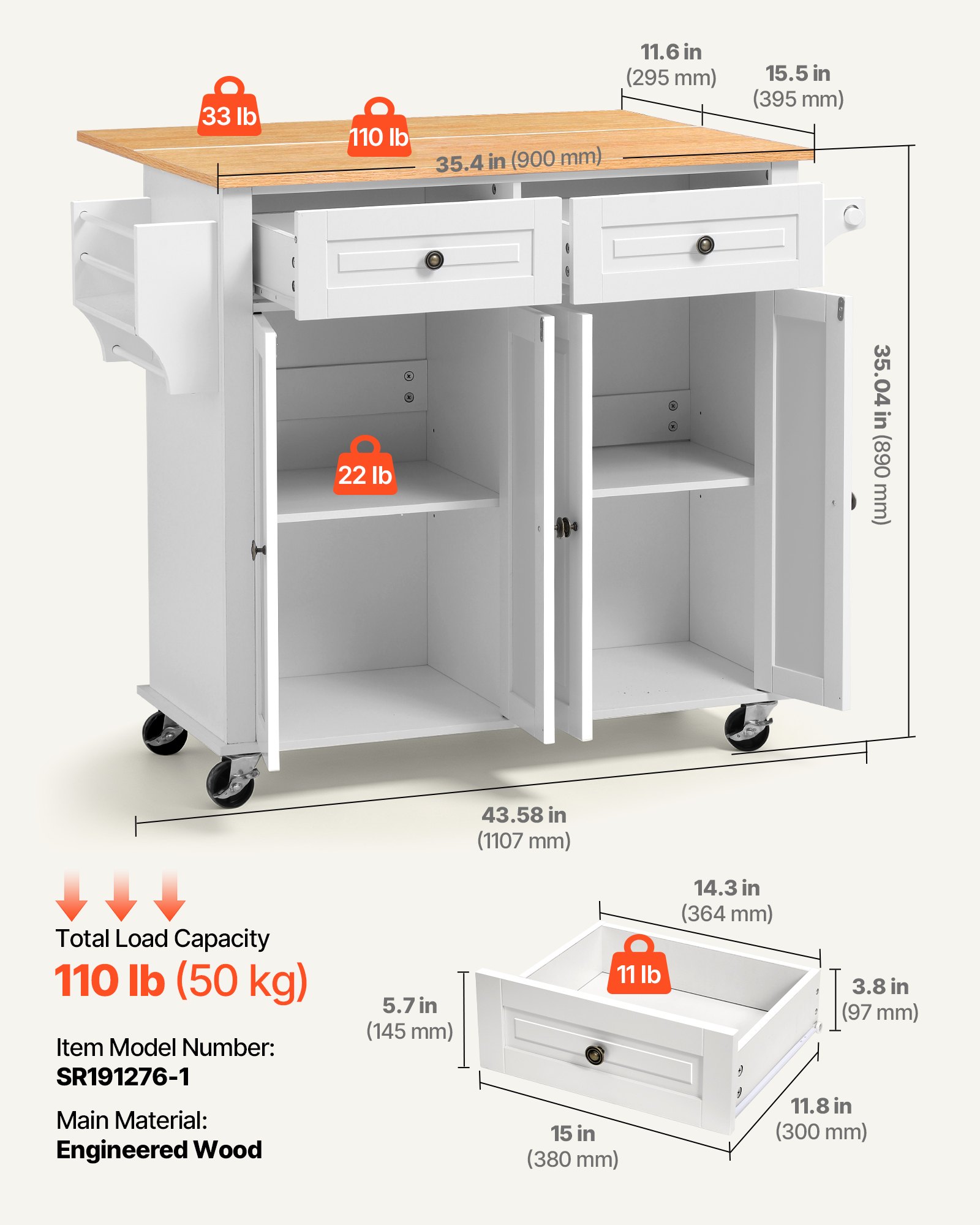 VEVOR Kitchen Island Cart with Storage, 43.58 in Wide Mobile Rolling Storage Island on Swivel Wheels, with 2 Drawers, Storage Cabinet, Drop Leaf, Spice/Towel Rack, Table for Home Dining Room, White