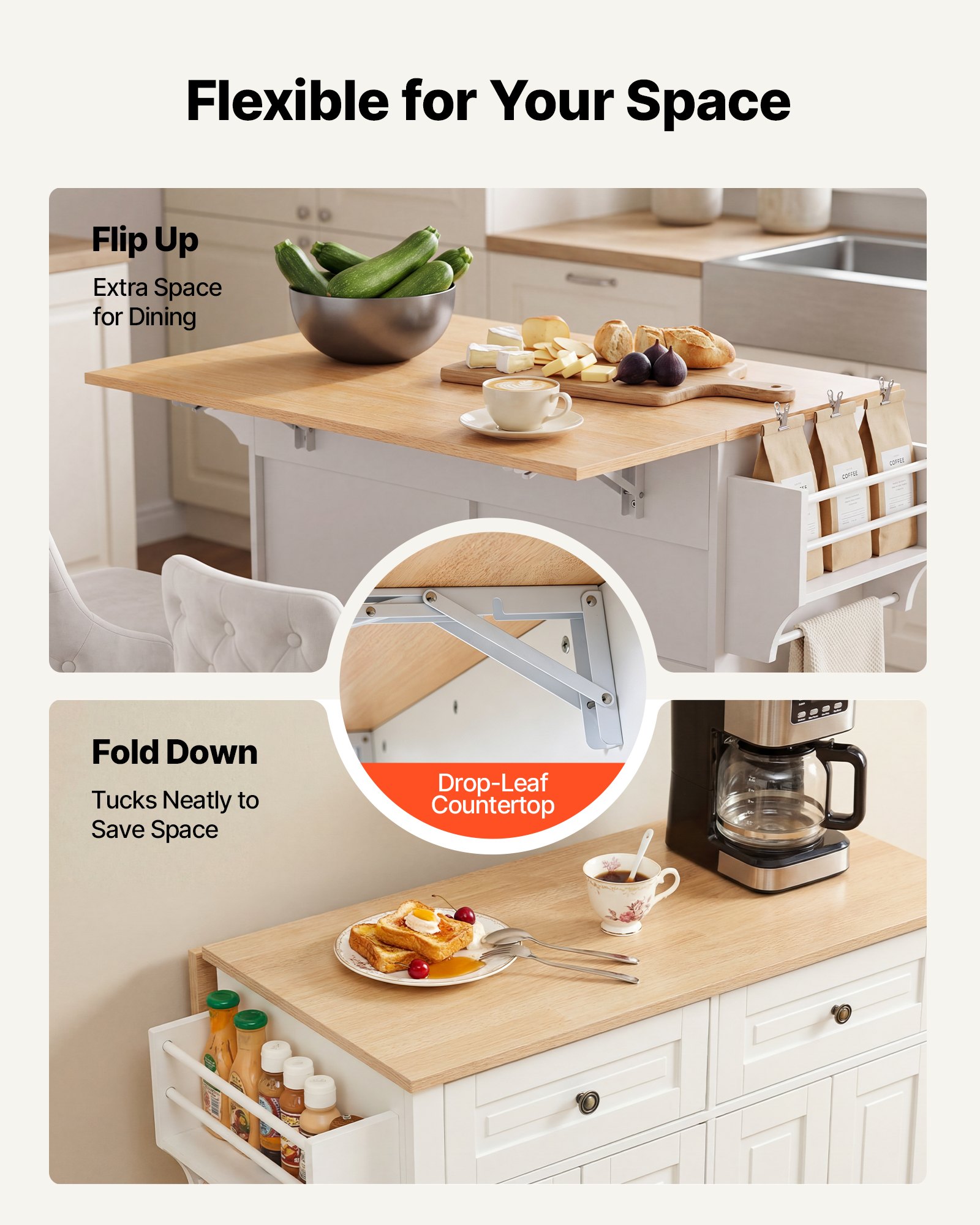 VEVOR Kitchen Island Cart with Storage, 43.58 in Wide Mobile Rolling Storage Island on Swivel Wheels, with 2 Drawers, Storage Cabinet, Drop Leaf, Spice/Towel Rack, Table for Home Dining Room, White