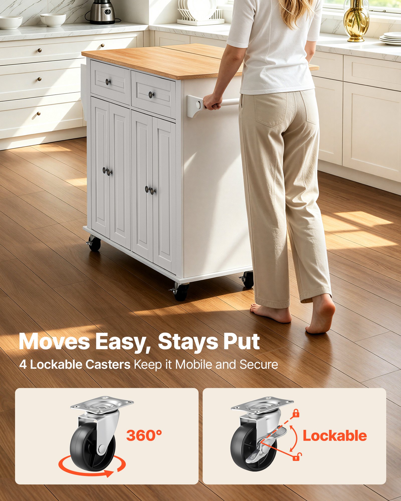 VEVOR Kitchen Island Cart with Storage, 43.58 in Wide Mobile Rolling Storage Island on Swivel Wheels, with 2 Drawers, Storage Cabinet, Drop Leaf, Spice/Towel Rack, Table for Home Dining Room, White