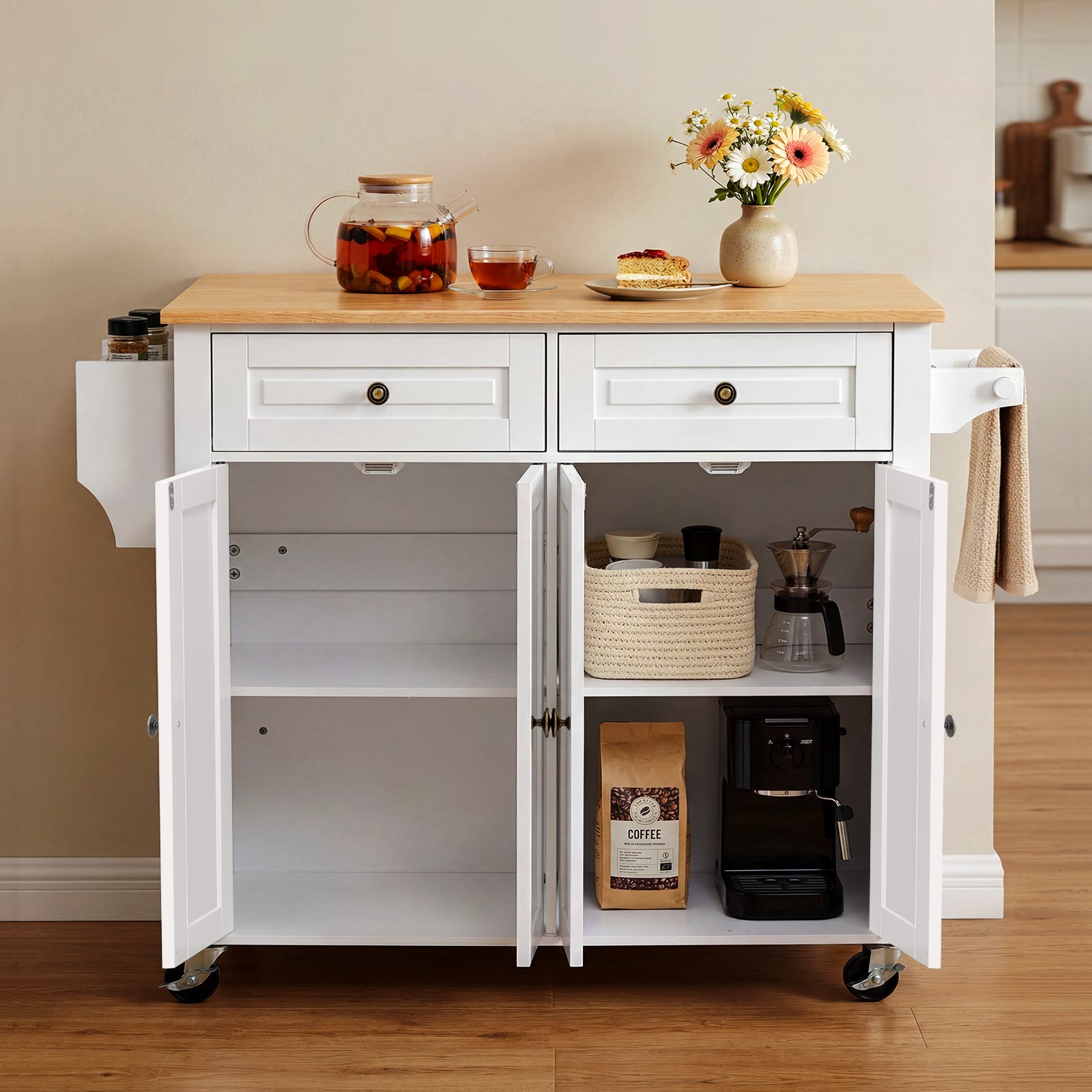 VEVOR Kitchen Island Cart with Storage, 43.58 in Wide Mobile Rolling Storage Island on Swivel Wheels, with 2 Drawers, Storage Cabinet, Drop Leaf, Spice/Towel Rack, Table for Home Dining Room, White