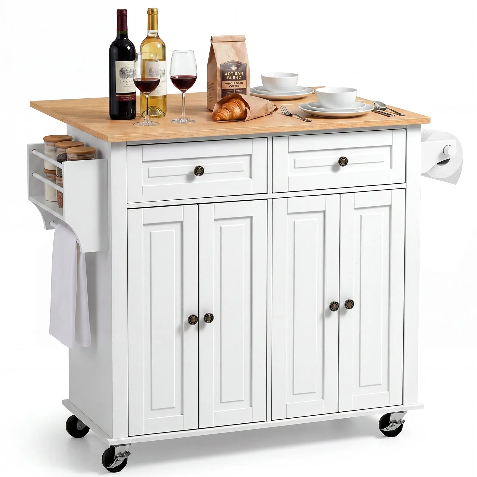 VEVOR Kitchen Island Cart with Storage, 43.58 in Wide Mobile Rolling Storage Island on Swivel Wheels, with 2 Drawers, Storage Cabinet, Drop Leaf, Spice/Towel Rack, Table for Home Dining Room, White