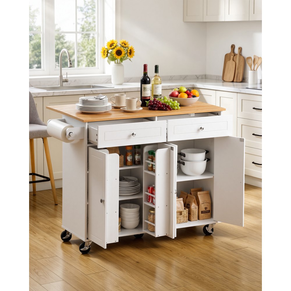 VEVOR Kitchen Island Cart with Storage, 47.64 in Wide Mobile Rolling Storage Island on Swivel Wheels, with 2 Drawers, Storage Cabinet, Drop Leaf, Towel Rack, Table for Home Dining Room, White