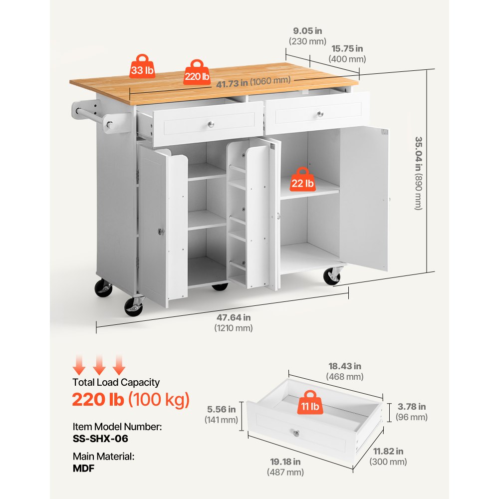 VEVOR Kitchen Island Cart with Storage, 47.64 in Wide Mobile Rolling Storage Island on Swivel Wheels, with 2 Drawers, Storage Cabinet, Drop Leaf, Towel Rack, Table for Home Dining Room, White