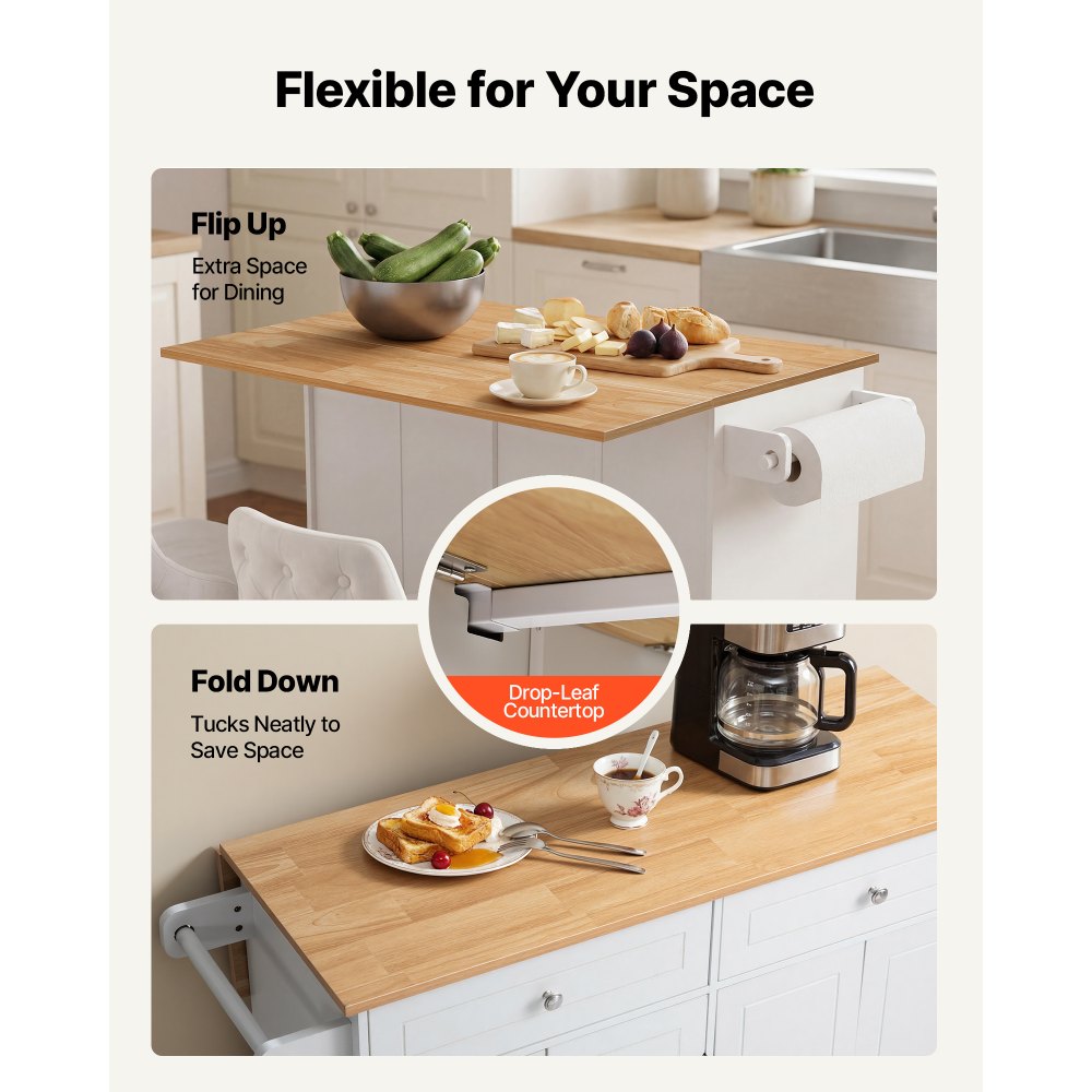 VEVOR Kitchen Island Cart with Storage, 47.64 in Wide Mobile Rolling Storage Island on Swivel Wheels, with 2 Drawers, Storage Cabinet, Drop Leaf, Towel Rack, Table for Home Dining Room, White
