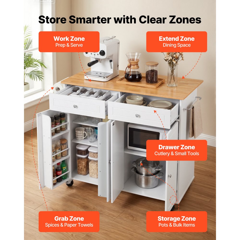 VEVOR Kitchen Island Cart with Storage, 47.64 in Wide Mobile Rolling Storage Island on Swivel Wheels, with 2 Drawers, Storage Cabinet, Drop Leaf, Towel Rack, Table for Home Dining Room, White