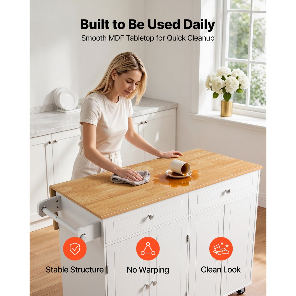 VEVOR Kitchen Island Cart with Storage, 47.64 in Wide Mobile Rolling Storage Island on Swivel Wheels, with 2 Drawers, Storage Cabinet, Drop Leaf, Towel Rack, Table for Home Dining Room, White