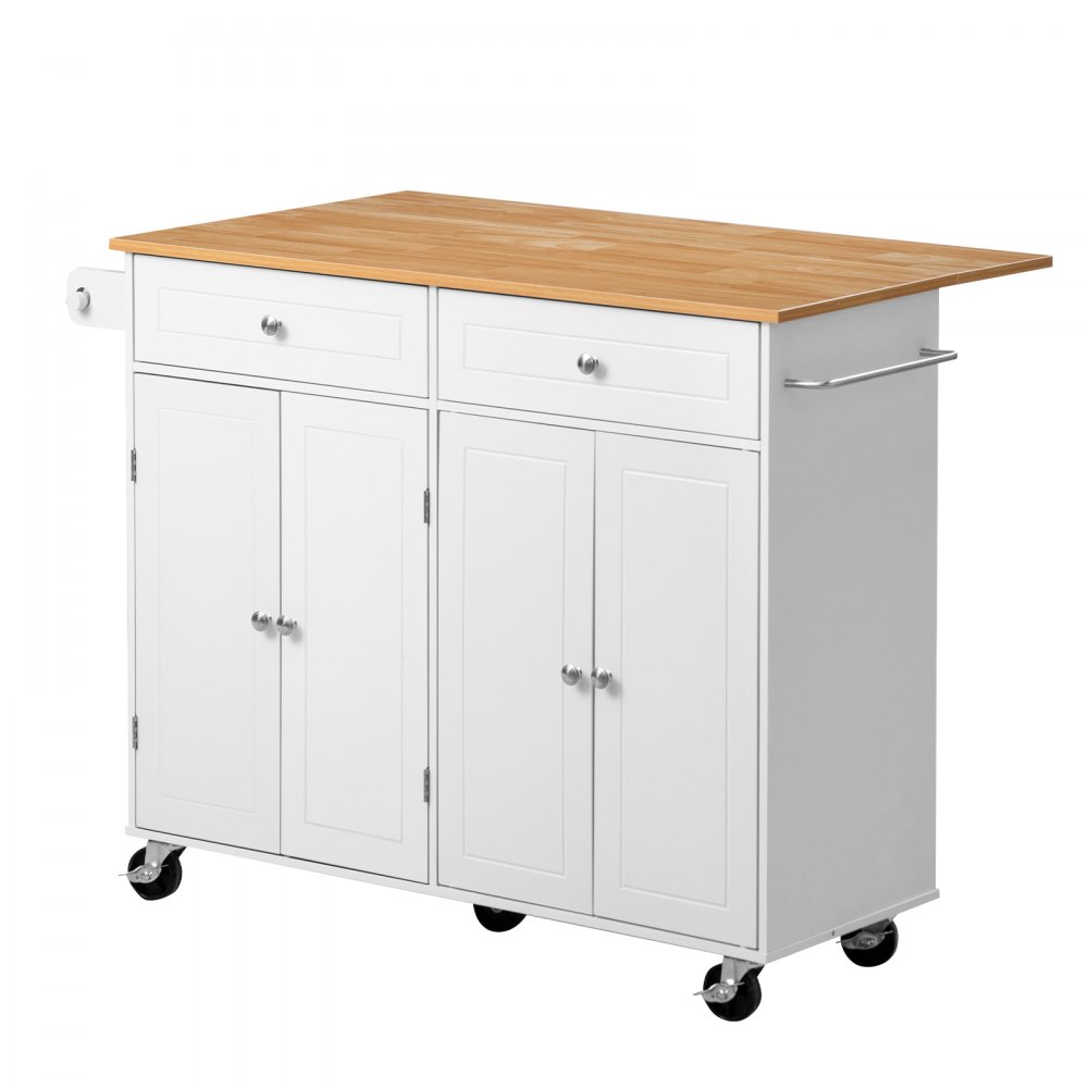 VEVOR Kitchen Island Cart with Storage, 47.64 in Wide Mobile Rolling Storage Island on Swivel Wheels, with 2 Drawers, Storage Cabinet, Drop Leaf, Towel Rack, Table for Home Dining Room, White
