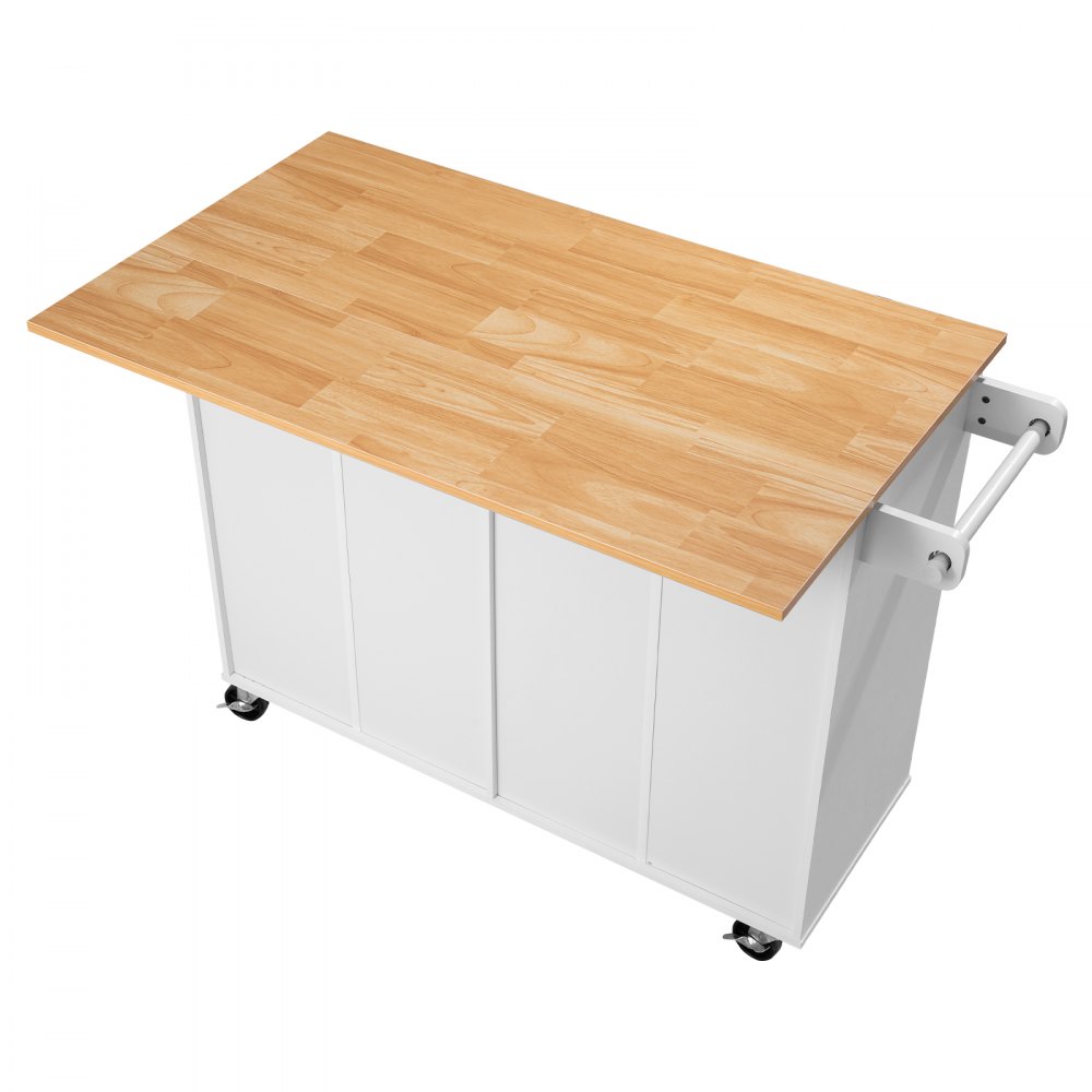 VEVOR Kitchen Island Cart with Storage, 47.64 in Wide Mobile Rolling Storage Island on Swivel Wheels, with 2 Drawers, Storage Cabinet, Drop Leaf, Towel Rack, Table for Home Dining Room, White