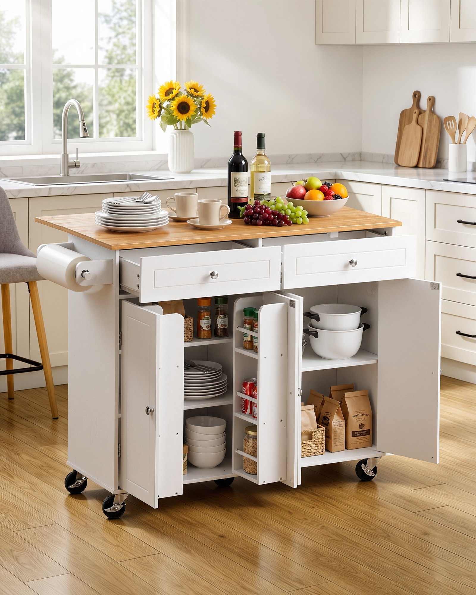 VEVOR Kitchen Island Cart with Storage, 47.64 in Wide Mobile Rolling Storage Island on Swivel Wheels, with 2 Drawers, Storage Cabinet, Drop Leaf, Towel Rack, Table for Home Dining Room, White