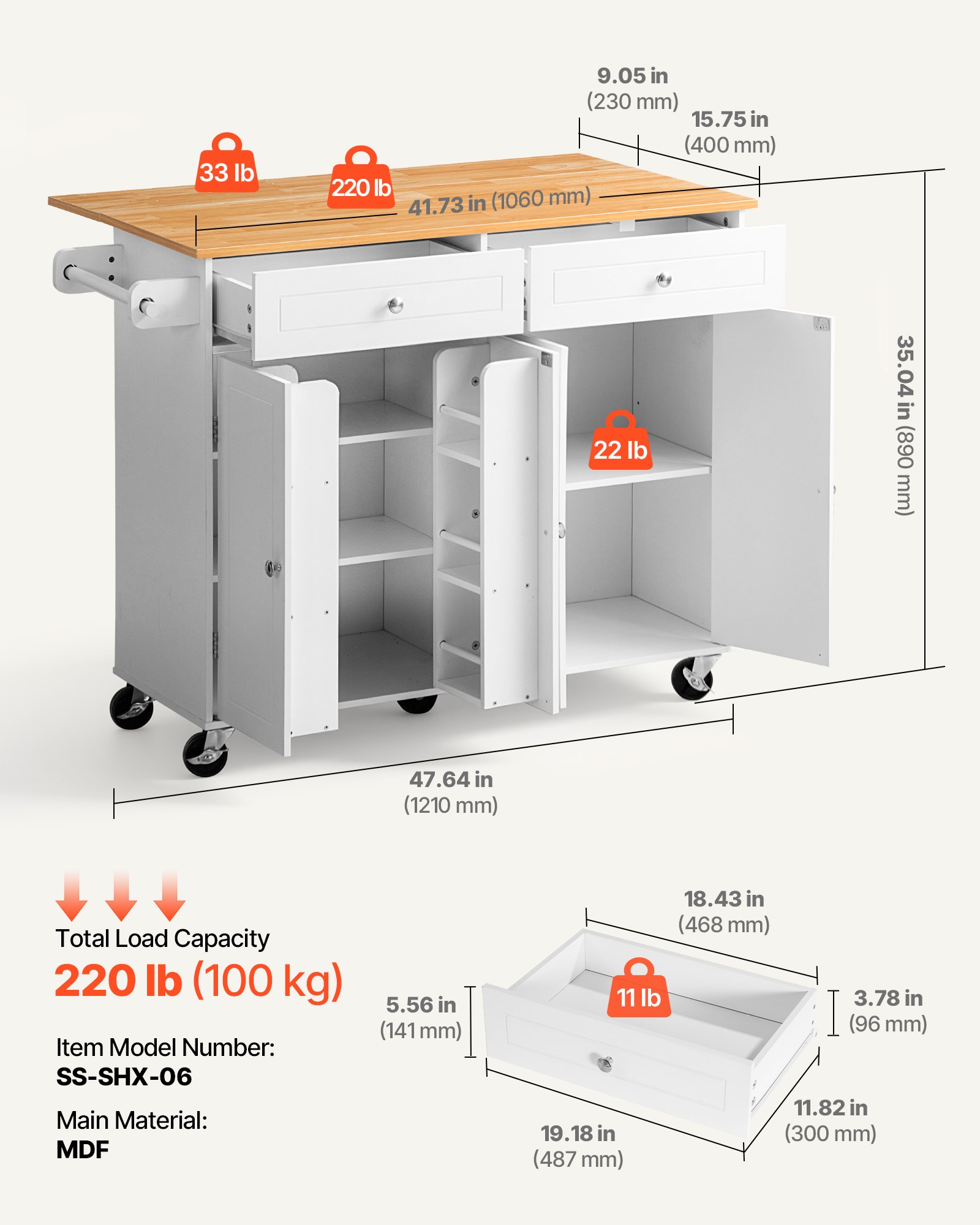 VEVOR Kitchen Island Cart with Storage, 47.64 in Wide Mobile Rolling Storage Island on Swivel Wheels, with 2 Drawers, Storage Cabinet, Drop Leaf, Towel Rack, Table for Home Dining Room, White