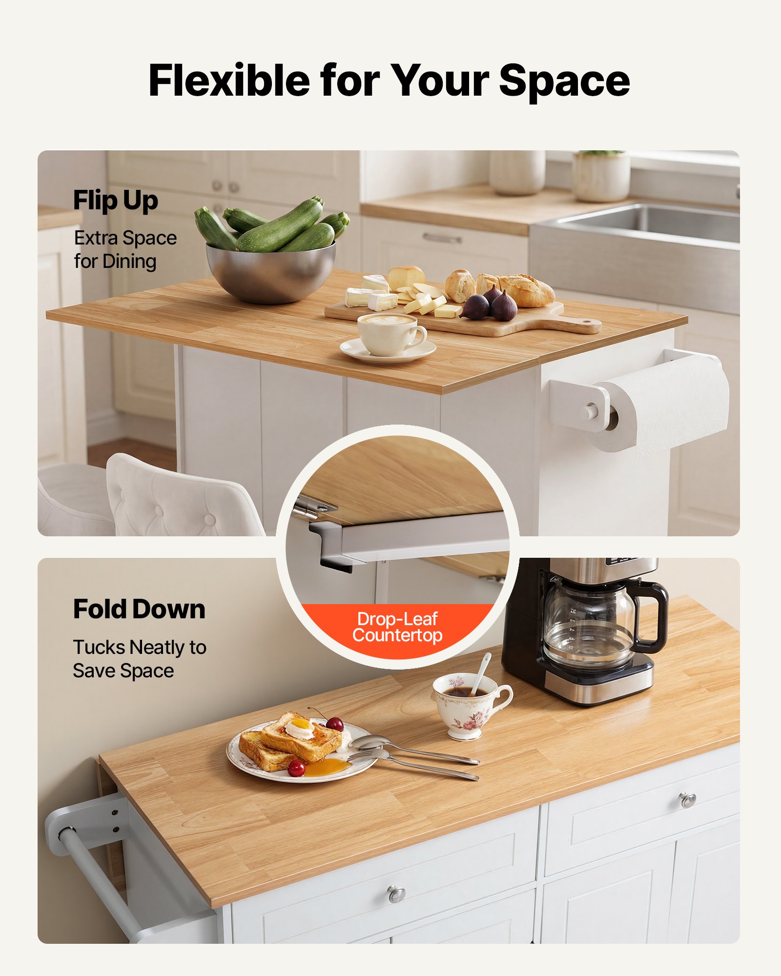 VEVOR Kitchen Island Cart with Storage, 47.64 in Wide Mobile Rolling Storage Island on Swivel Wheels, with 2 Drawers, Storage Cabinet, Drop Leaf, Towel Rack, Table for Home Dining Room, White