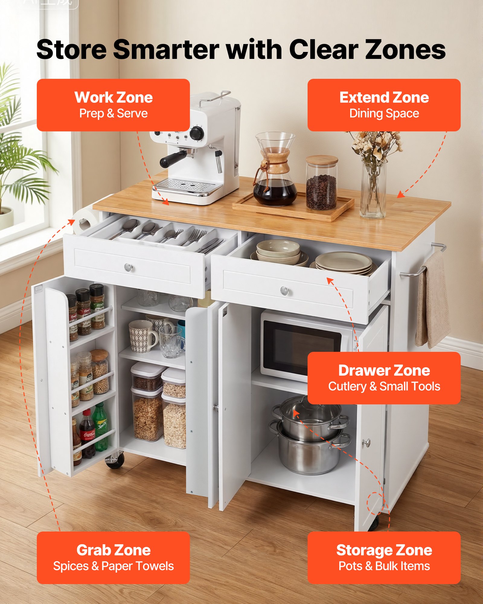 VEVOR Kitchen Island Cart with Storage, 47.64 in Wide Mobile Rolling Storage Island on Swivel Wheels, with 2 Drawers, Storage Cabinet, Drop Leaf, Towel Rack, Table for Home Dining Room, White