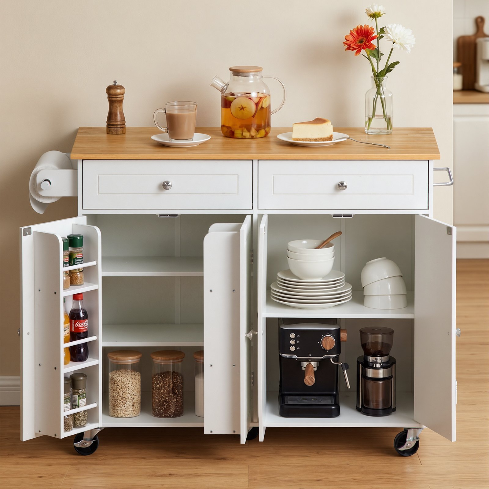 VEVOR Kitchen Island Cart with Storage, 47.64 in Wide Mobile Rolling Storage Island on Swivel Wheels, with 2 Drawers, Storage Cabinet, Drop Leaf, Towel Rack, Table for Home Dining Room, White