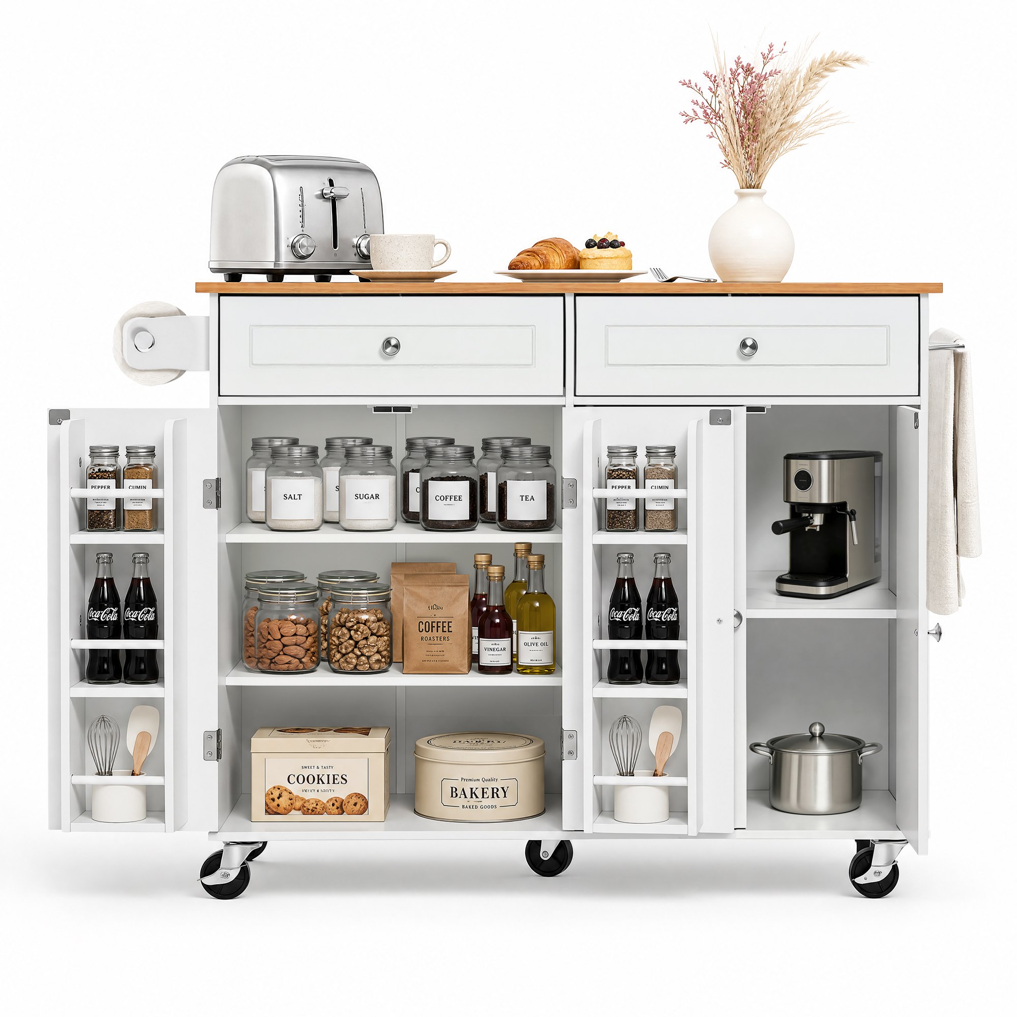 VEVOR Kitchen Island Cart with Storage, 47.64 in Wide Mobile Rolling Storage Island on Swivel Wheels, with 2 Drawers, Storage Cabinet, Drop Leaf, Towel Rack, Table for Home Dining Room, White