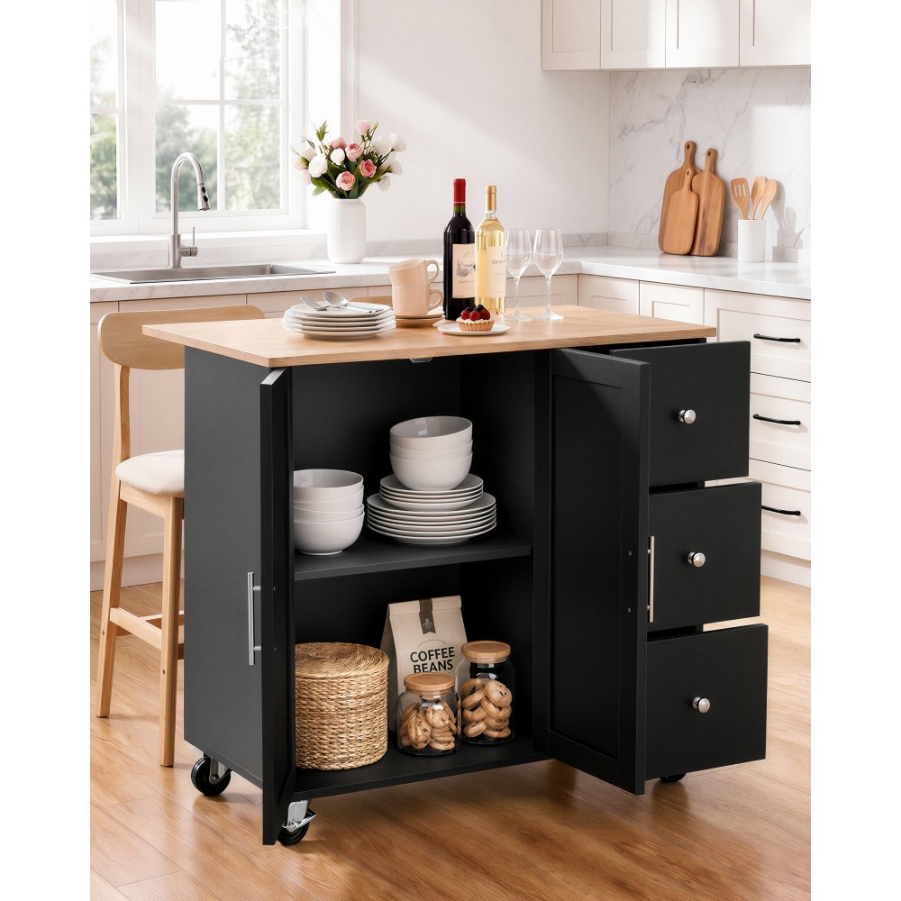 VEVOR Kitchen Island Cart with Storage, 42.4 in Wide Mobile Rolling Storage Island on Swivel Wheels, with 3 Drawers, Storage Cabinet, Drop Leaf, Towel Rack, Table for Home Dining Room, Black