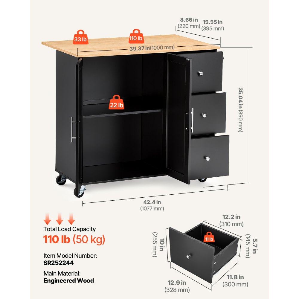 VEVOR Kitchen Island Cart with Storage, 42.4 in Wide Mobile Rolling Storage Island on Swivel Wheels, with 3 Drawers, Storage Cabinet, Drop Leaf, Towel Rack, Table for Home Dining Room, Black