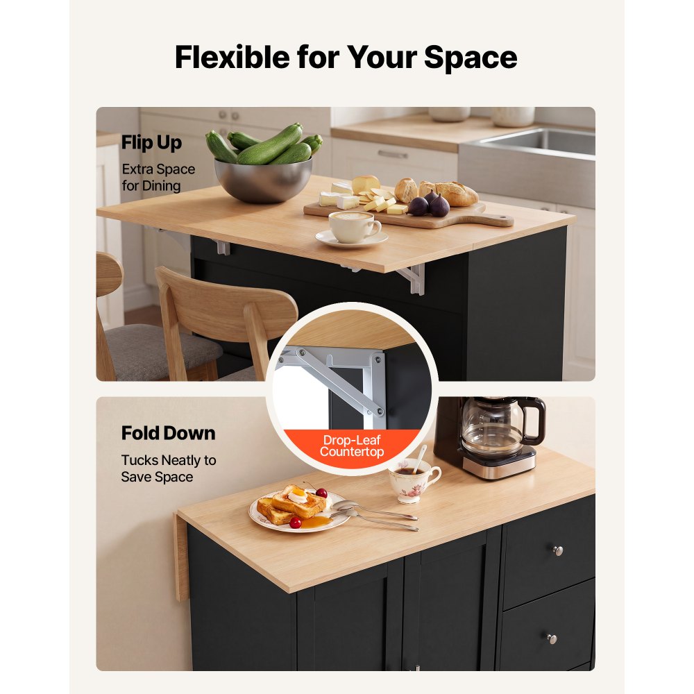 VEVOR Kitchen Island Cart with Storage, 42.4 in Wide Mobile Rolling Storage Island on Swivel Wheels, with 3 Drawers, Storage Cabinet, Drop Leaf, Towel Rack, Table for Home Dining Room, Black