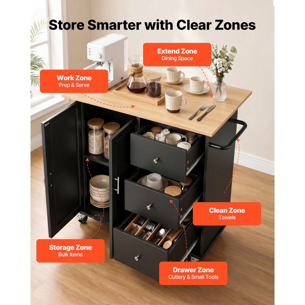 VEVOR Kitchen Island Cart with Storage, 42.4 in Wide Mobile Rolling Storage Island on Swivel Wheels, with 3 Drawers, Storage Cabinet, Drop Leaf, Towel Rack, Table for Home Dining Room, Black