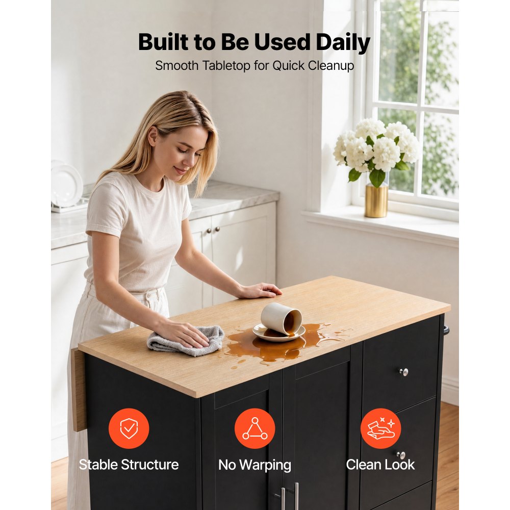 VEVOR Kitchen Island Cart with Storage, 42.4 in Wide Mobile Rolling Storage Island on Swivel Wheels, with 3 Drawers, Storage Cabinet, Drop Leaf, Towel Rack, Table for Home Dining Room, Black