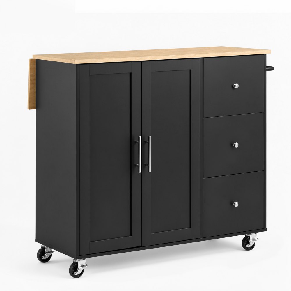 VEVOR Kitchen Island Cart with Storage, 42.4 in Wide Mobile Rolling Storage Island on Swivel Wheels, with 3 Drawers, Storage Cabinet, Drop Leaf, Towel Rack, Table for Home Dining Room, Black