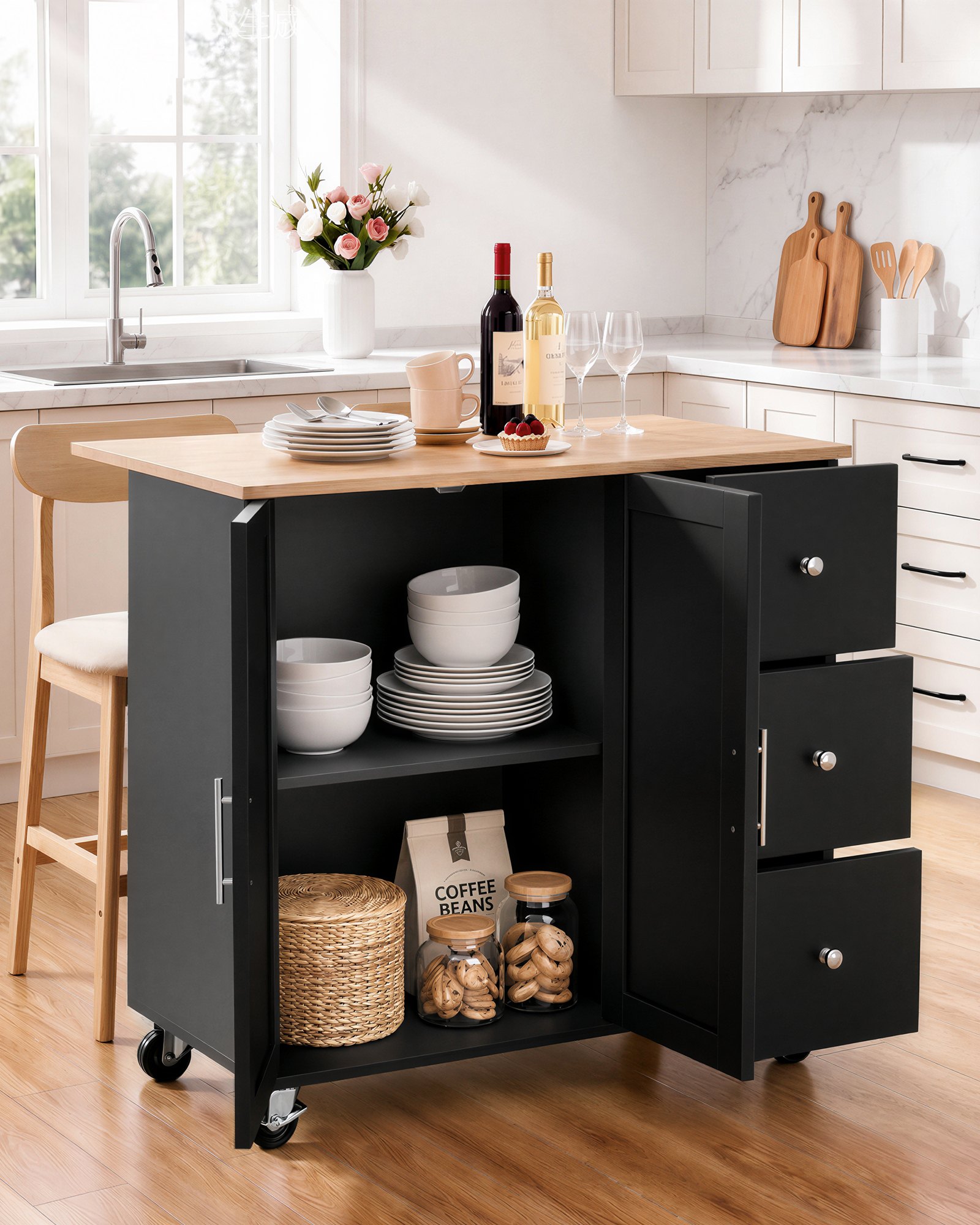 VEVOR Kitchen Island Cart with Storage, 42.4 in Wide Mobile Rolling Storage Island on Swivel Wheels, with 3 Drawers, Storage Cabinet, Drop Leaf, Towel Rack, Table for Home Dining Room, Black