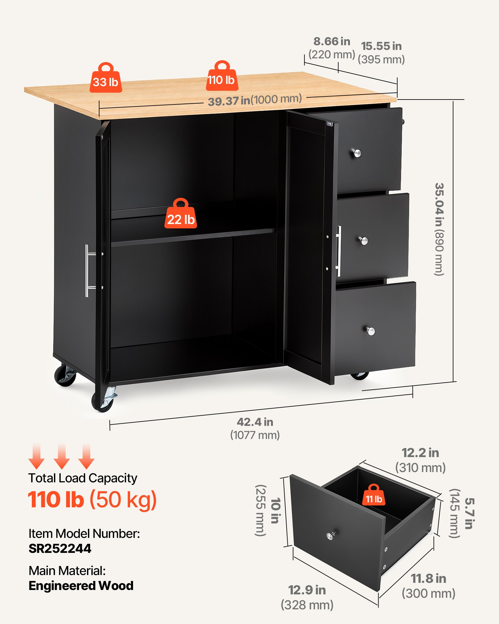 VEVOR Kitchen Island Cart with Storage, 42.4 in Wide Mobile Rolling Storage Island on Swivel Wheels, with 3 Drawers, Storage Cabinet, Drop Leaf, Towel Rack, Table for Home Dining Room, Black