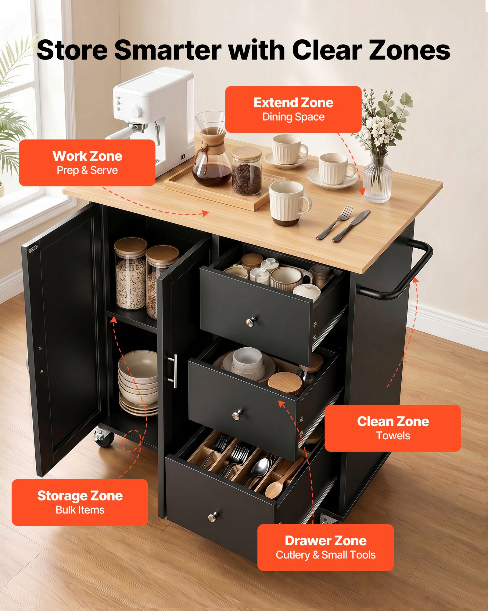 VEVOR Kitchen Island Cart with Storage, 42.4 in Wide Mobile Rolling Storage Island on Swivel Wheels, with 3 Drawers, Storage Cabinet, Drop Leaf, Towel Rack, Table for Home Dining Room, Black