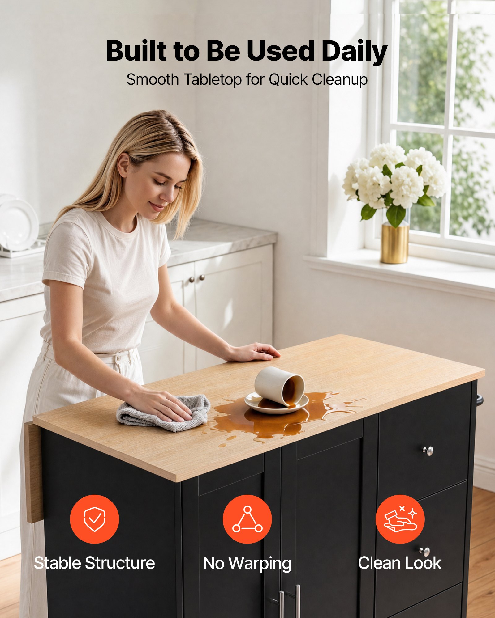 VEVOR Kitchen Island Cart with Storage, 42.4 in Wide Mobile Rolling Storage Island on Swivel Wheels, with 3 Drawers, Storage Cabinet, Drop Leaf, Towel Rack, Table for Home Dining Room, Black