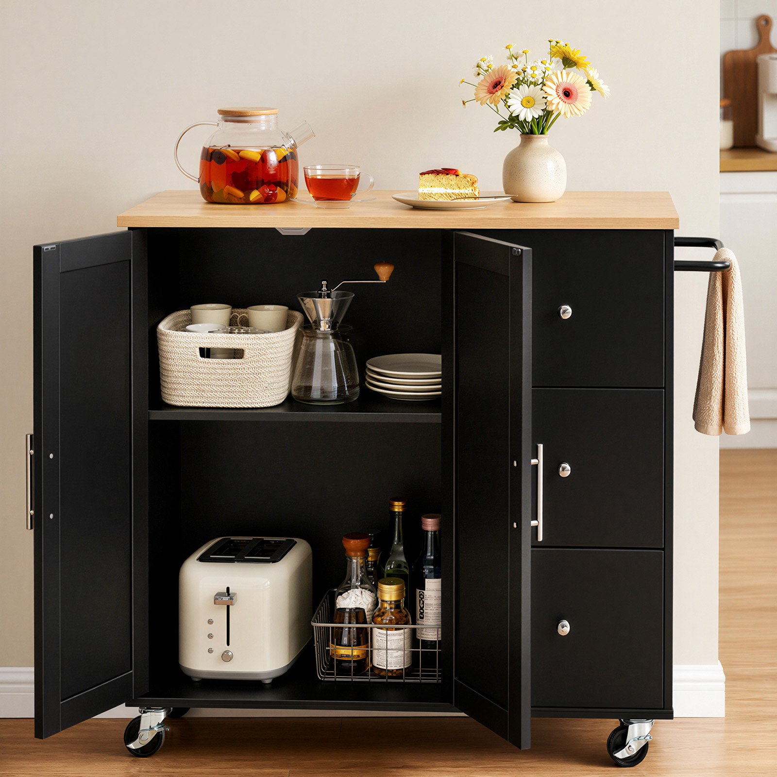 VEVOR Kitchen Island Cart with Storage, 42.4 in Wide Mobile Rolling Storage Island on Swivel Wheels, with 3 Drawers, Storage Cabinet, Drop Leaf, Towel Rack, Table for Home Dining Room, Black