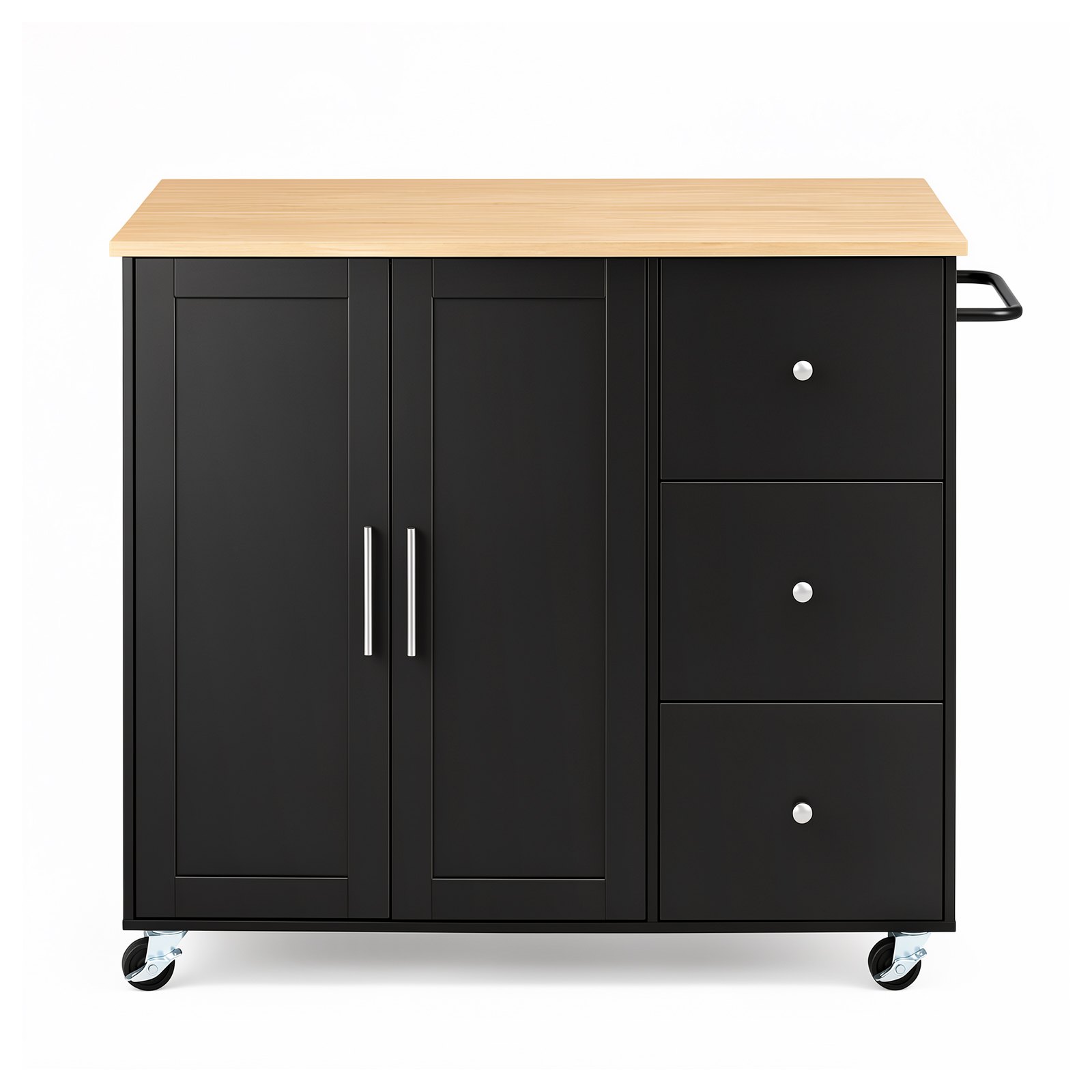 VEVOR Kitchen Island Cart with Storage, 42.4 in Wide Mobile Rolling Storage Island on Swivel Wheels, with 3 Drawers, Storage Cabinet, Drop Leaf, Towel Rack, Table for Home Dining Room, Black