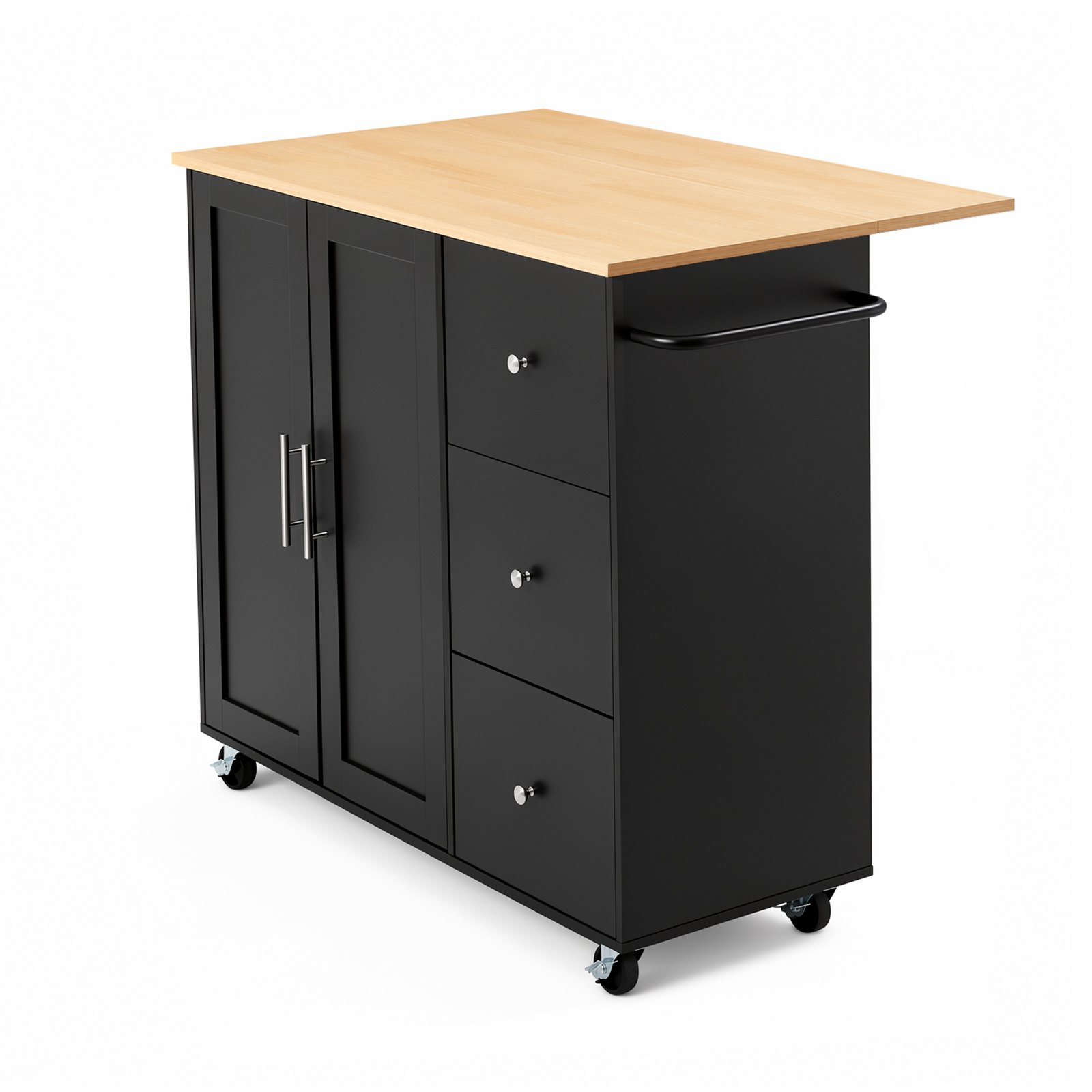 VEVOR Kitchen Island Cart with Storage, 42.4 in Wide Mobile Rolling Storage Island on Swivel Wheels, with 3 Drawers, Storage Cabinet, Drop Leaf, Towel Rack, Table for Home Dining Room, Black