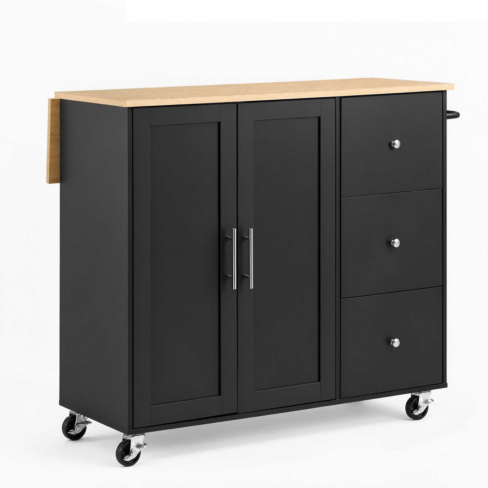 VEVOR Kitchen Island Cart with Storage, 42.4 in Wide Mobile Rolling Storage Island on Swivel Wheels, with 3 Drawers, Storage Cabinet, Drop Leaf, Towel Rack, Table for Home Dining Room, Black