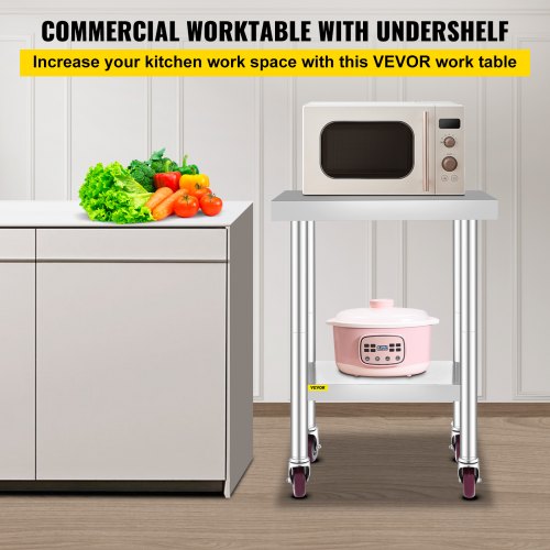 VEVOR Stainless Steel Catering Work Table 24x18 Inch Commercial Kitchen Table with 4 Wheels Commercial Food Prep Workbench with Flexible Adjustment Shelf for Kitchen Prep Table