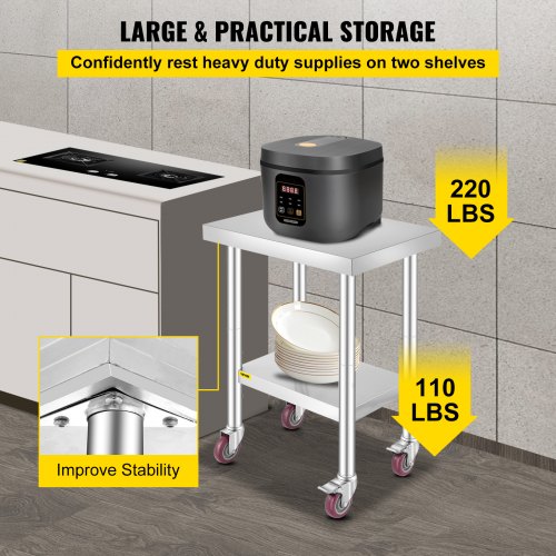 VEVOR Stainless Steel Catering Work Table 24x18 Inch Commercial Kitchen Table with 4 Wheels Commercial Food Prep Workbench with Flexible Adjustment Shelf for Kitchen Prep Table