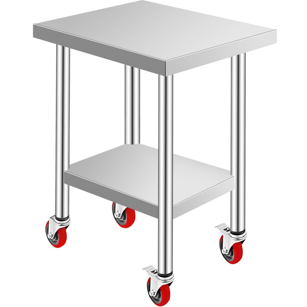 VEVOR Stainless Steel Work Table 24 x 18 x 34 Inch, 700 LBS Load Capacity with 4 Wheels, 3 Adjustable Height Levels, Heavy Duty Food Prep Worktable for Commercial Kitchen Restaurant, Silver