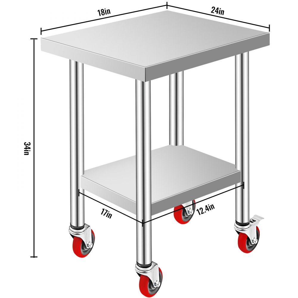 VEVOR Stainless Steel Work Table 24 x 18 x 34 Inch, 700 LBS Load Capacity with 4 Wheels, 3 Adjustable Height Levels, Heavy Duty Food Prep Worktable for Commercial Kitchen Restaurant, Silver