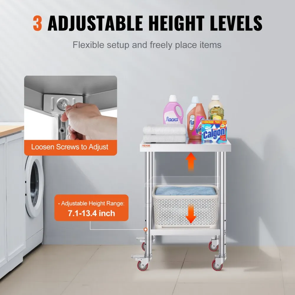 VEVOR stainless steel work table with 3 adjustable height levels and storage shelf.