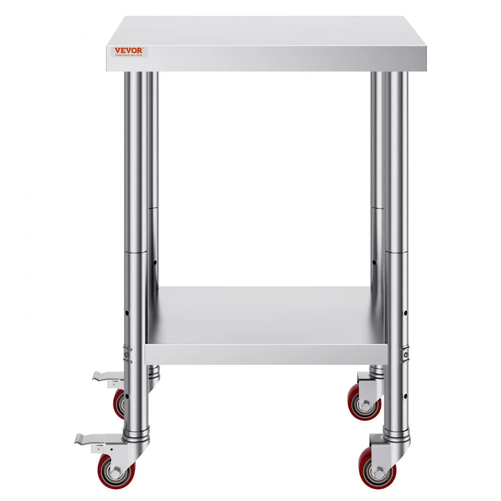VEVOR stainless steel work table on wheels with lower shelf and locking casters.