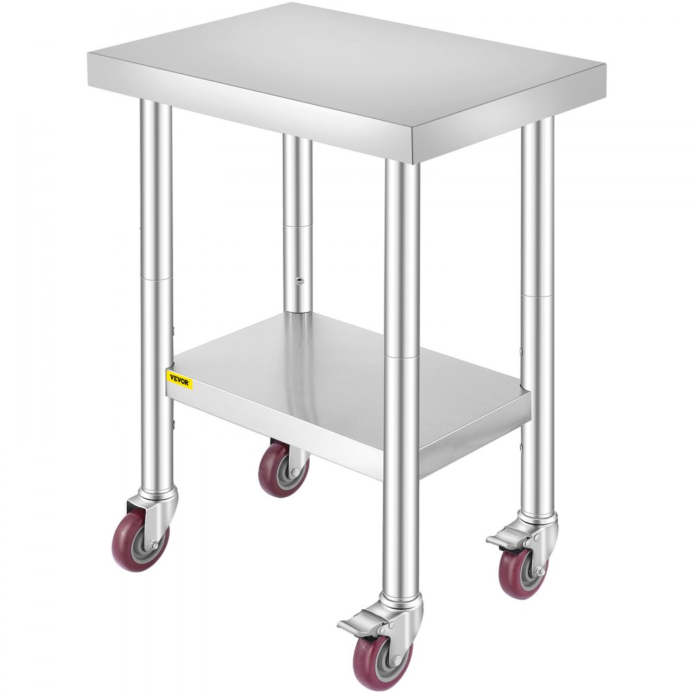 VEVOR Mesa de trabajo de acero inoxidable de 24 x 18 x 34 pulgadas, estante ajustable de 3 etapas con 4 ruedas, mesa de trabajo comercial de preparación de alimentos resistente con freno para trabajos de preparación de cocina