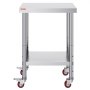VEVOR stainless steel work table on wheels with lower shelf and locking casters.