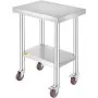 VEVOR Stainless Steel Work Table 24 x 18 x 34 Inch, 700 LBS Load Capacity with 4 Wheels, 3 Adjustable Height Levels, Heavy Duty Food Prep Worktable for Commercial Kitchen Restaurant, Silver
