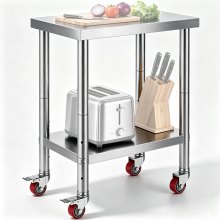 VEVOR Stainless Steel Work Table 24 x 18 x 34 Inch, 700 LBS Load Capacity with 4 Wheels, 3 Adjustable Height Levels, Heavy Duty Food Prep Worktable for Commercial Kitchen Restaurant, Silver