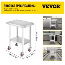 VEVOR 24 x 18 x 34 Inch Stainless Steel Work Table 3 Stage Adjustable Shelf with 4 Wheels Heavy Duty Commercial Food Prep Worktable with Brake 220 lb Capacity