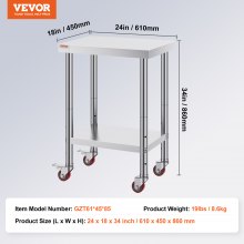 VEVOR 24 x 18 x 34 Inch Stainless Steel Work Table 3 Stage Adjustable Shelf with 4 Wheels Heavy Duty Commercial Food Prep Worktable with Brake 220 lb Capacity