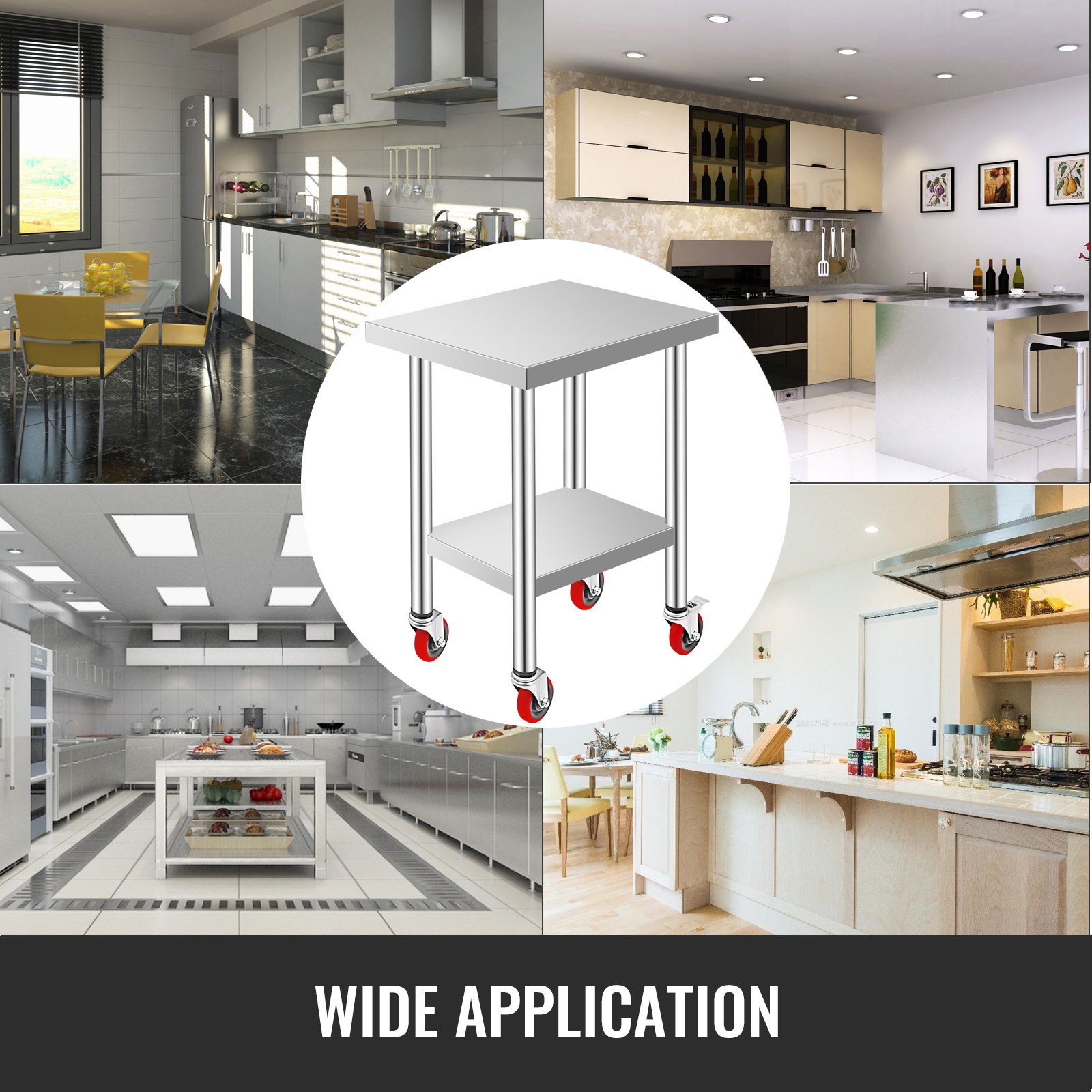VEVOR Stainless Steel Work Table 24 x 18 x 34 Inch, 700 LBS Load Capacity with 4 Wheels, 3 Adjustable Height Levels, Heavy Duty Food Prep Worktable for Commercial Kitchen Restaurant, Silver